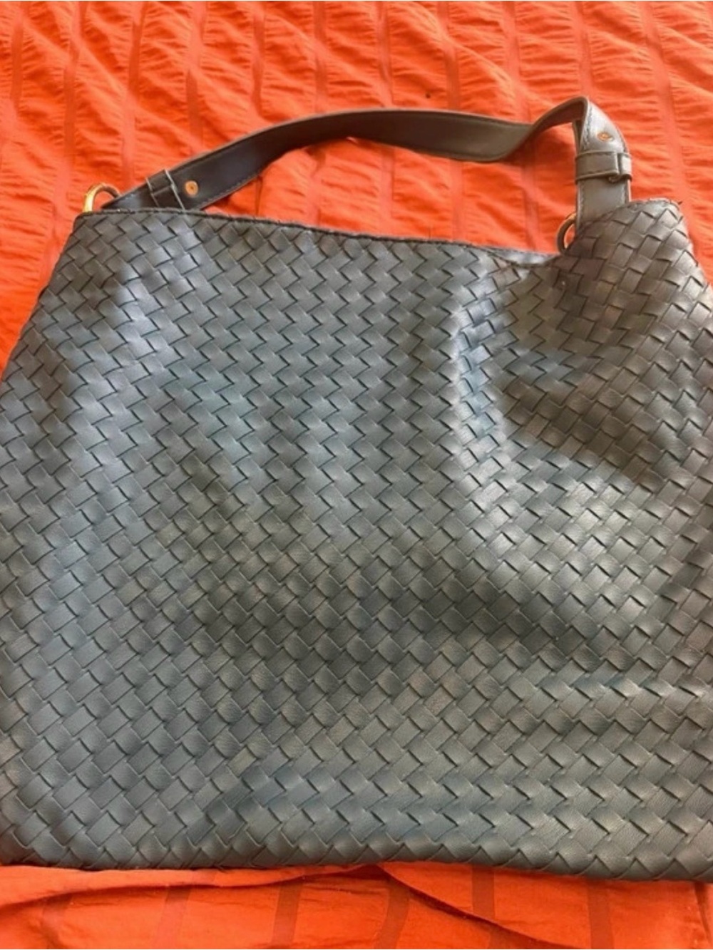 Woven Leather Shoulder Tote in Black
